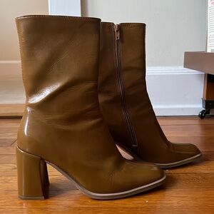 Miista Cognac Brown Block Heel Mid-Calf Boots